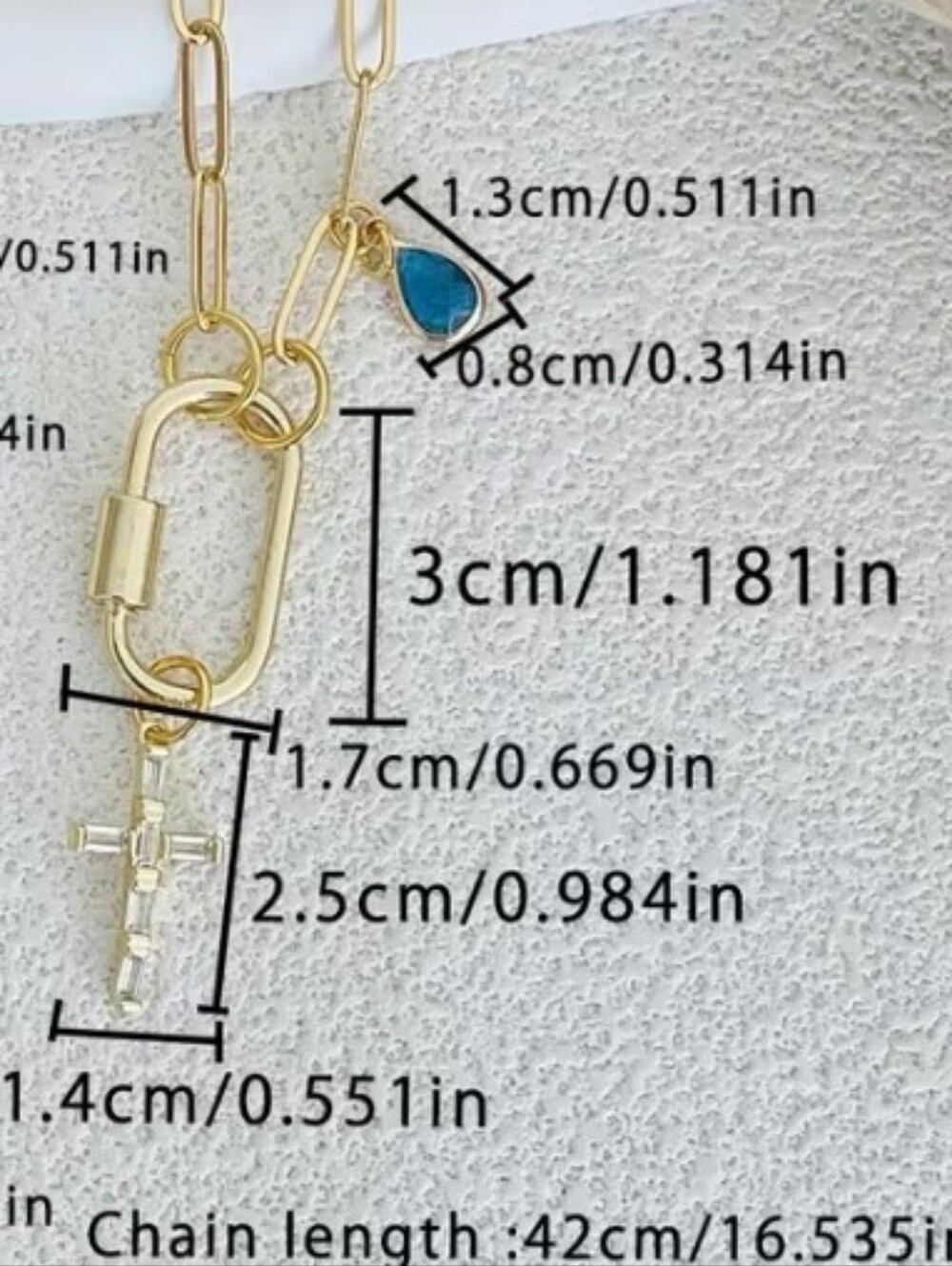 NEW! 18K Gold Plated Baguette CZ Cross Pendant & Charm Carabiner Necklace - Picture 3 of 4